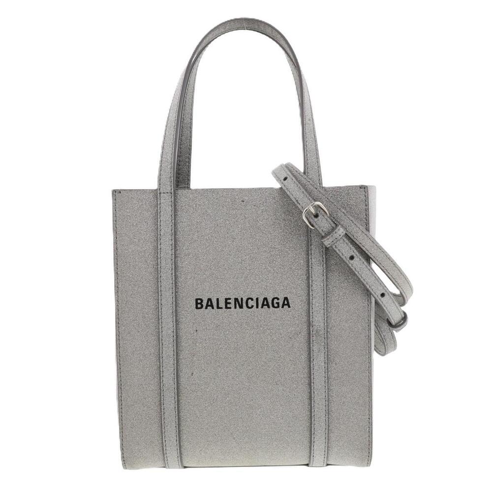 BALENCIAGA Tote Bag Handbag Leather Silver Glitter